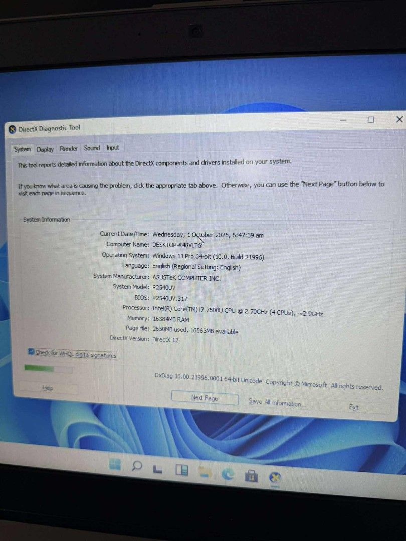 Asus mid gaming laptop I7 7th gen (Category: Laptops & Notebooks) located in Manila. Submitted by lhainelovi71994 (Listing ID 1395922038, Image 2). Description: Asus mid gaming laptop I7 7th gen Intel UHD Graphics 620 Nvidia GeForce 920MX 2gb dedicated graphics 16gb ram 240gb ssd Windows 11 pro Unit with charger Good ✅ Tested ✅ 💸💸 10,500 Location: San Andres bukid manila Pick up or meet up.