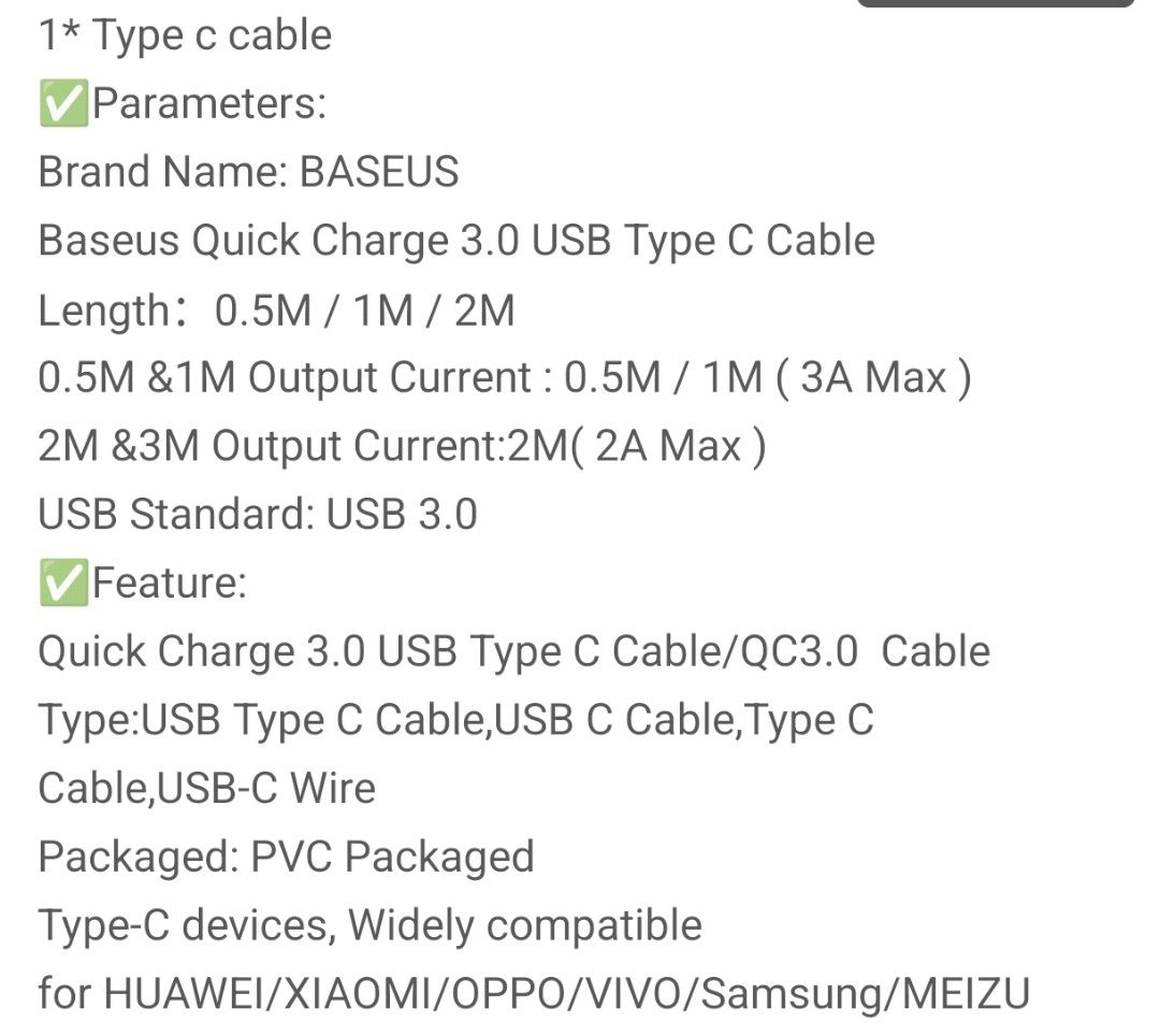 Baseus USB Type C Cable (black) ONLY - 1 meter (Category: Chargers & Cables) located in San Fabian. Submitted by timeagain.ph (Listing ID 1395888117, Image 3). Description: Brand New Baseus USB Type C cable ONLY fast charging; supports Quick Charge 3.0 -1 meter, black color -features a cable winder for neat storage. -compatible with Type-C devices, including Huawei, Xiaomi, Oppo, Vivo, Samsung, and Meizu. rfs: nanakaw phone bago dumating ung cabl