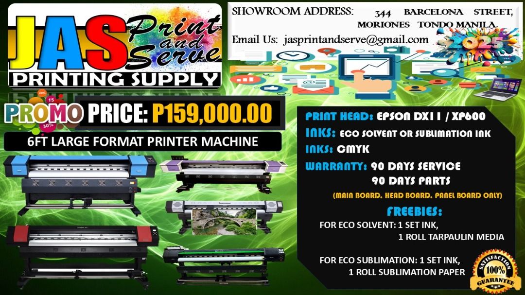 Brand New Large Format Printer, Tarpaulin Printer, Sublimation Printer, Eco Solvent Printer, DTF Printer (Category: Printers, Scanners & Copiers) located in Quezon City. Submitted by joemhelbarros272612 (Listing ID 1395783686, Image 1). Description: Supplier here! Looking for top-quality printing equipment and supplies? Look no further than JASPrint And Serve Printing Supply! We're easy to find and always ready to serve. Address: 344 Moriones Str