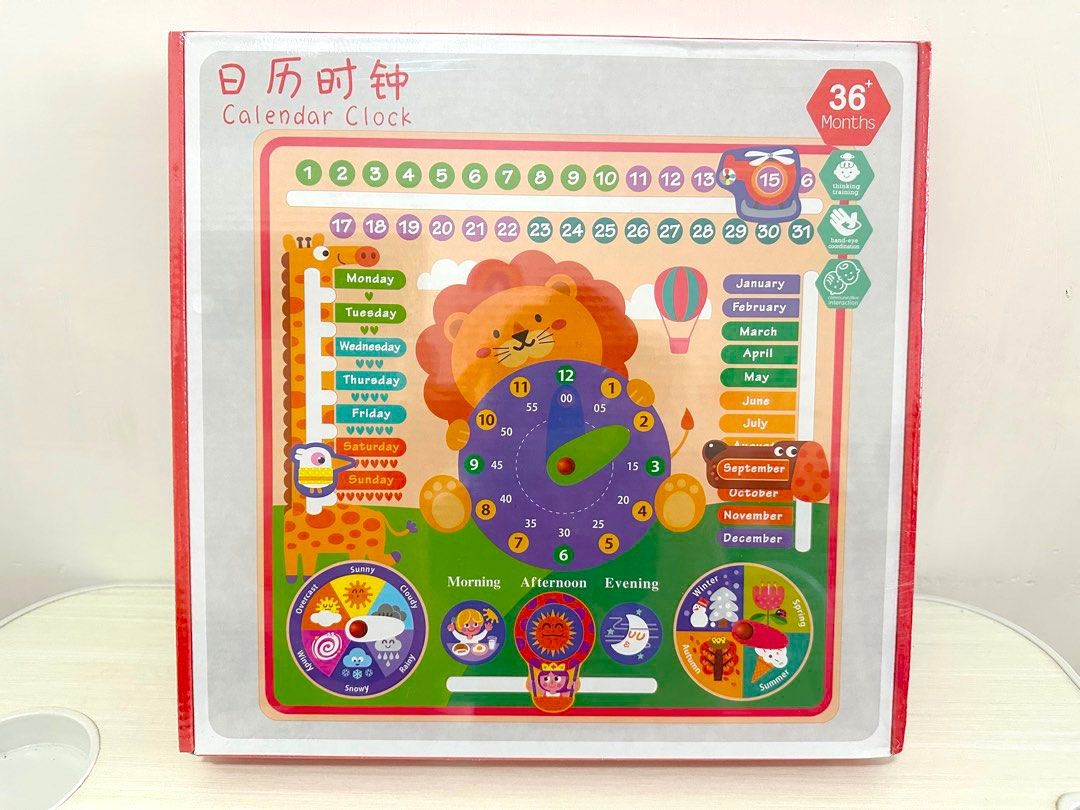 🔸全新未開封🔸木製日曆時鐘板/Calendar Clock/英文版/36 months  +/認識日子/早午晚/星期/時間/天氣/季節/早教系列/邊玩邊學/益智玩具/時間概念/動手能力/專注力訓練/邏輯思維/幼稚園適用/生日禮物/聖誕禮物/Birthday  gift/Christmas gift, 兒童＆孕婦用品, 嬰兒玩具-