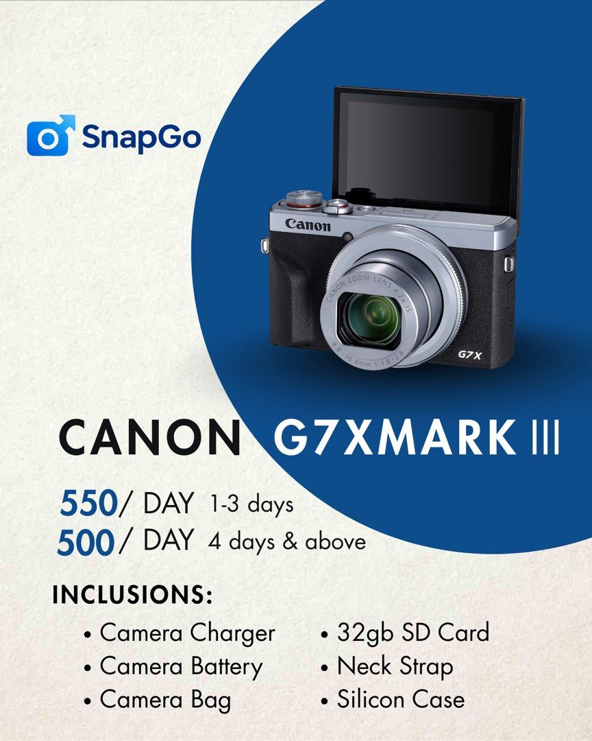 Canon G7X Mark III Camera Rental (Category: Cameras) located in Caloocan City. Submitted by ian.scache (Listing ID 1395785838, Image 1). Description: - Canon G7X Mark III rental - Rates: - ₱550/day (1-3 days) - ₱500/day (4+ days) - Includes: - Charger - Battery - Bag - 32GB SD card - Neck strap - Silicon case - Perfect for high-quality photos and videos. PM for more details! .