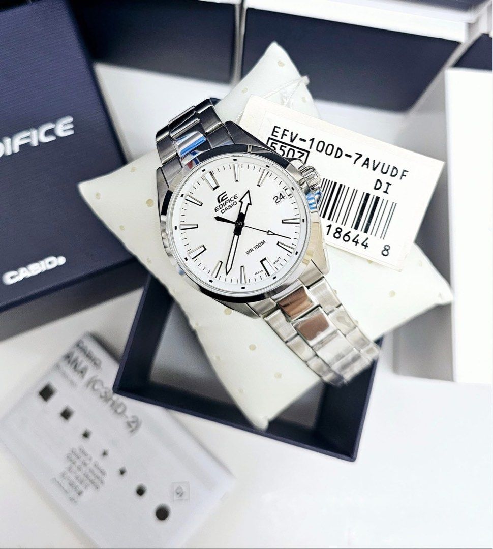 Casio Edifice EFV-100D-7AVUDF Watch (Category: Men's Watches) located in Pateros City. Submitted by omniabeautyph. (Listing ID 1395799133, Image 1). Description: - Casio Edifice EFV-100D-7AVUDF - White dial with silver-tone hands and markers - Date display at 3 o'clock - Stainless steel bracelet - Water-resistant to 100 meters - Comes with original box and tag.