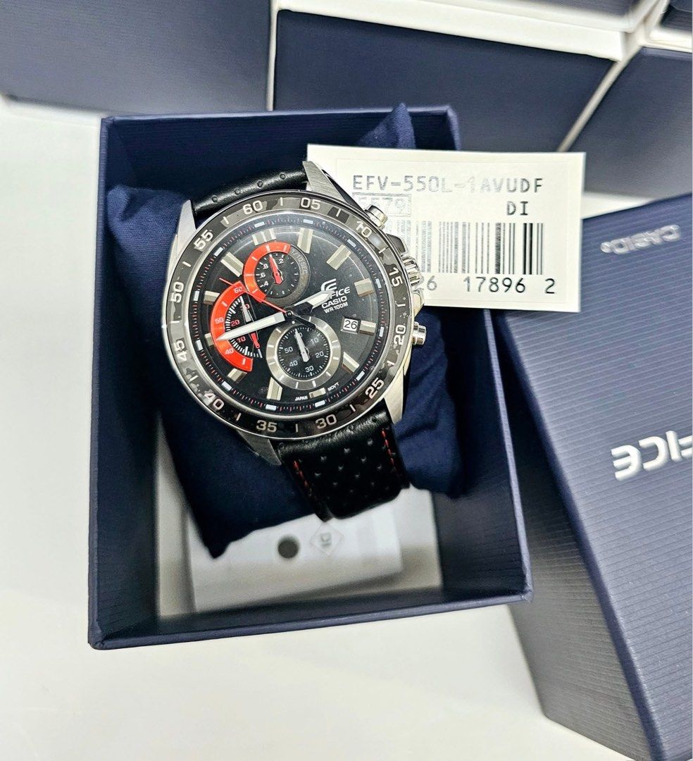 Casio Edifice EFV-550L-1AVUDF Watch (Category: Men's Watches) located in Pateros City. Submitted by omniabeautyph. (Listing ID 1395799507, Image 1). Description: - Casio Edifice Watch - Model: EFV-550L-1AVUDF - Features a black dial - Chronograph subdials - Date display - Black leather strap with red stitching - Comes with original box and tags.