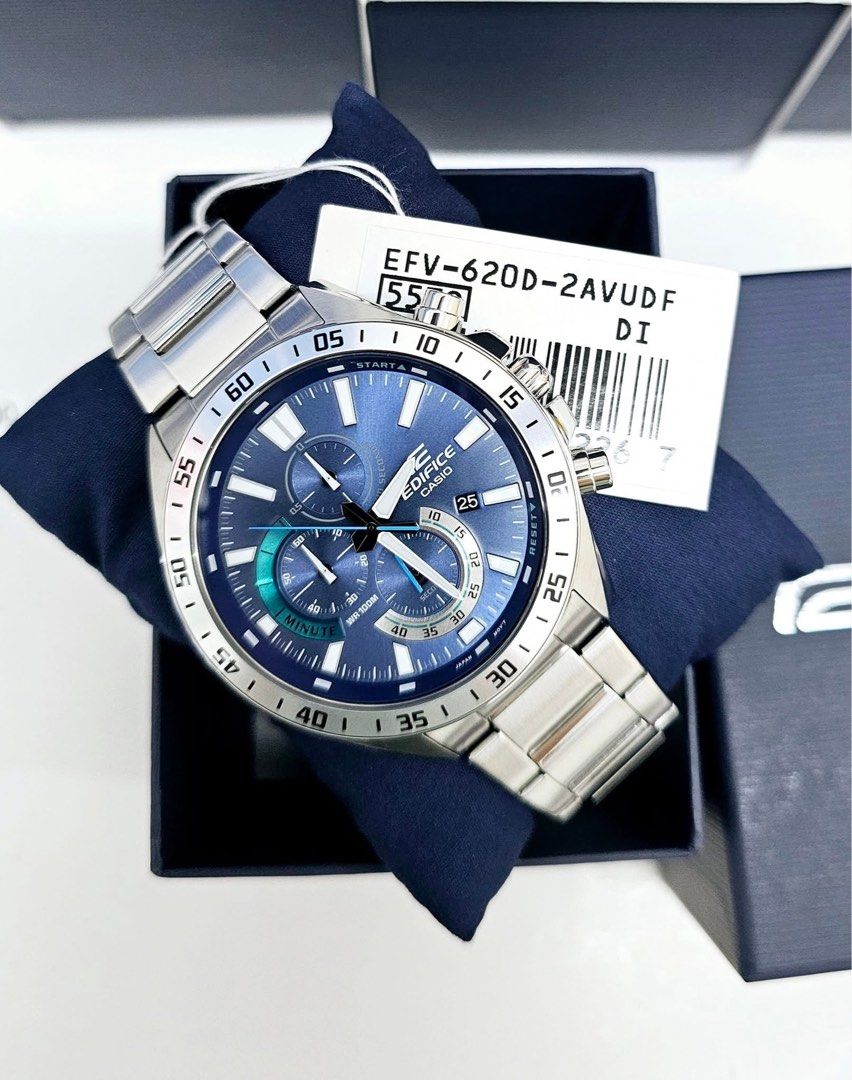 Casio Edifice EFV-620D-2AVUDF Watch (Category: Men's Watches) located in Pateros City. Submitted by omniabeautyph. (Listing ID 1395798912, Image 1). Description: - Casio Edifice Watch - Model: EFV-620D-2AVUDF - Striking blue dial - Chronograph subdials - Stainless steel bracelet - Date display at 3 o'clock - Includes original box and tag.