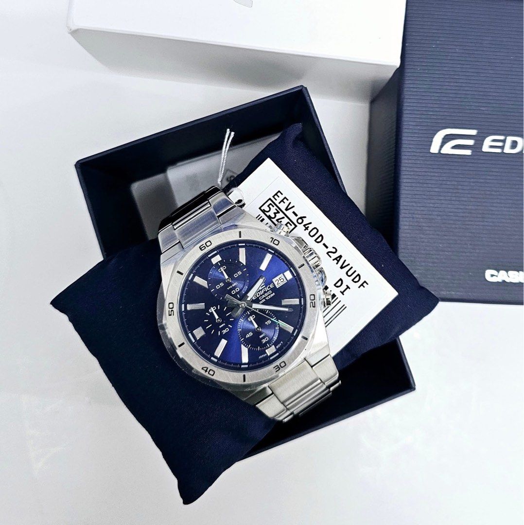 Casio Edifice EFV-640D-2AVUDF Watch (Category: Men's Watches) located in Pateros City. Submitted by omniabeautyph. (Listing ID 1395798492, Image 1). Description: - Casio Edifice EFV-640D-2AVUDF - Blue dial - Stainless steel bracelet - Chronograph function - Date display at 3 o'clock - Comes with original box and tag.