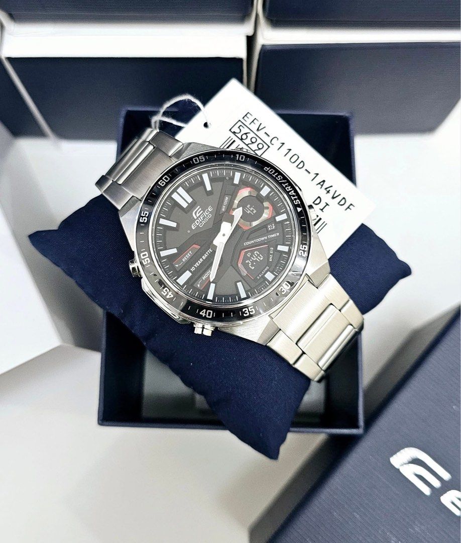 Casio Edifice EFV-C110D-1A4VDF Watch (Category: Men's Watches) located in Pateros City. Submitted by omniabeautyph. (Listing ID 1395799349, Image 1). Description: - Casio Edifice Watch - Stainless steel band - Black dial - Digital display - Countdown timer - 10-year battery - Includes original box and tag - Model: EFV-C110D-1A4VDF.