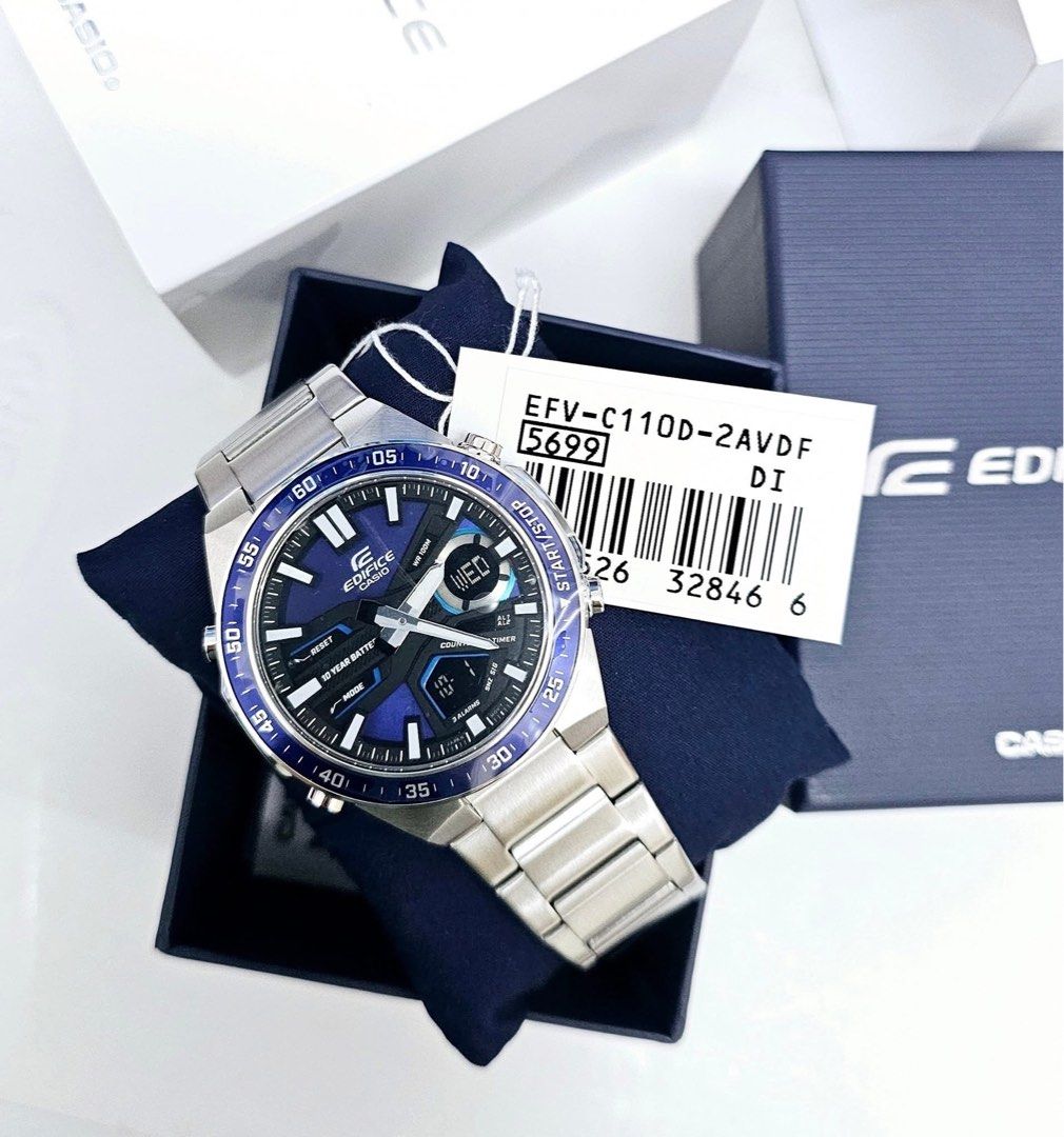 Casio Edifice EFV-C110D-2AVDF Watch (Category: Men's Watches) located in Pateros City. Submitted by omniabeautyph. (Listing ID 1395798581, Image 1). Description: - Casio Edifice Watch - Model: EFV-C110D-2AVDF - Striking blue and silver design - Stainless steel band - Blue bezel - Day and date display - Comes with original box and tags.