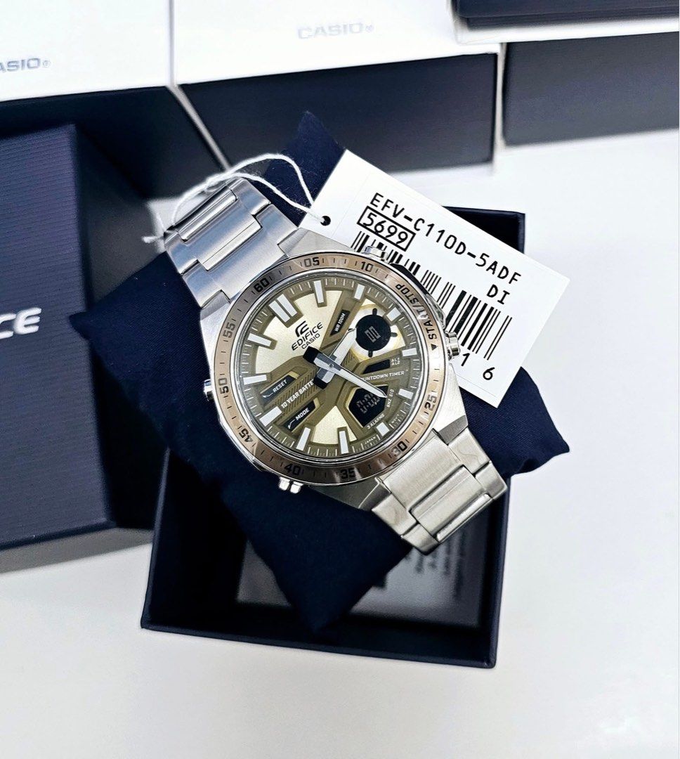 Casio Edifice EFV-C110D-5ADF Watch (Category: Men's Watches) located in Pateros City. Submitted by omniabeautyph. (Listing ID 1395798846, Image 1). Description: - Brand new Casio Edifice watch - Stainless steel band - Digital display - Model: EFV-C110D-5ADF - Silver-tone case - Green dial - Comes with original box and tag.