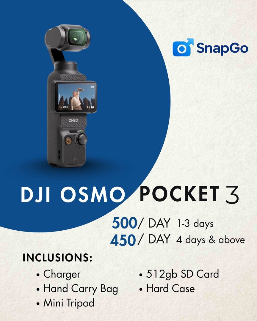 DJI Osmo Pocket 3 Camera Rental (Category: Cameras) located in Caloocan City. Submitted by ian.scache (Listing ID 1395785953, Image 1). Description: - DJI Osmo Pocket 3 rental available! - Includes: Charger, hand carry bag, mini tripod, 512GB SD card, and hard case. - Rental Rates: - ₱500 per day (1-3 days) - ₱450 per day (4+ days) - Capture amazing videos and photos!.