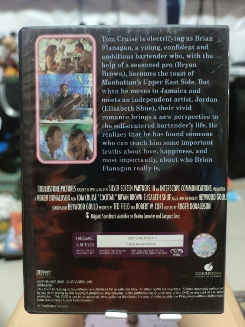 DVD "Cocktail" (original) (Category: CDs & DVDs) located in Quezon City. Submitted by gwift (Listing ID 1395786478, Image 2). Description: - Cocktail DVD featuring Tom Cruise. - DVD in original case. - Case and disc show movie title and Tom Cruise. - Includes movie synopsis on the back of the case..