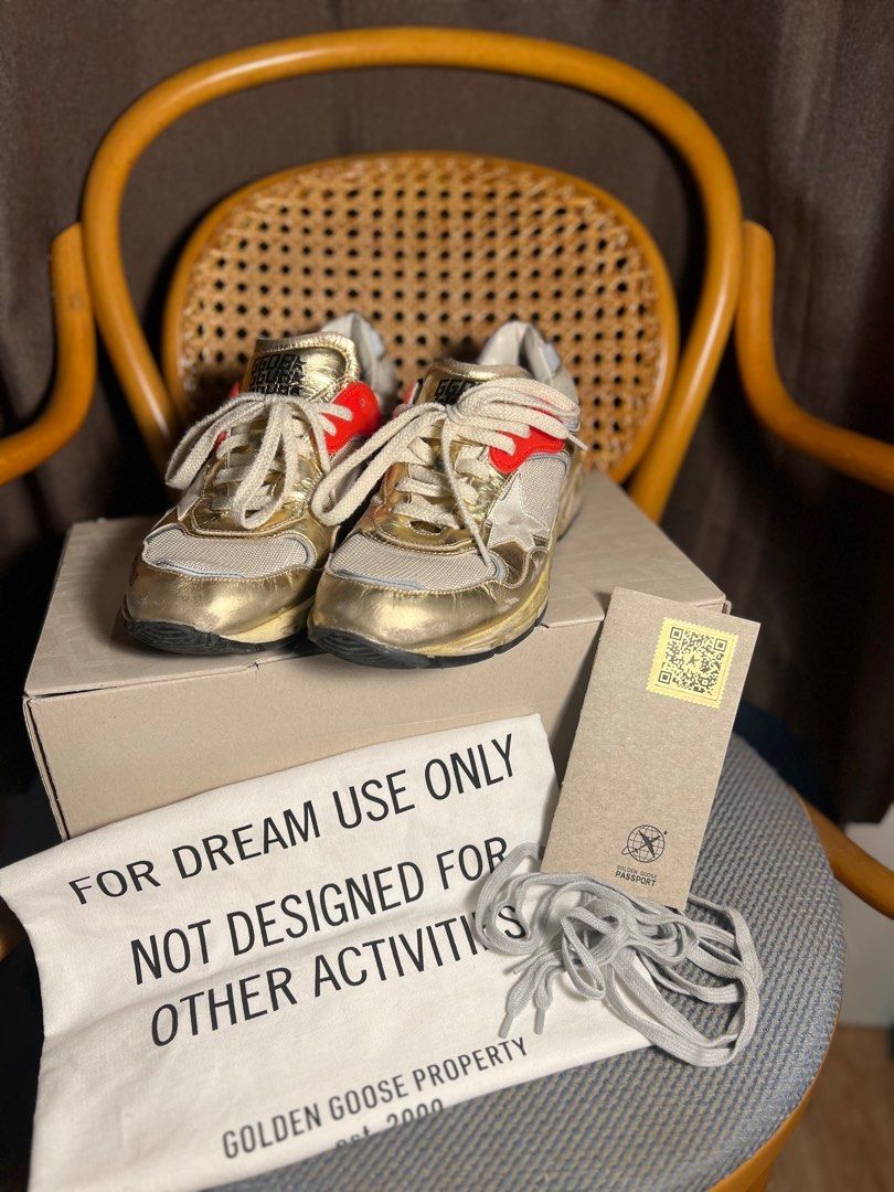 GOLDEN GOOSE | DAD STAR RUNNING (Category: Sneakers) located in Pasig City. Submitted by curatedbywill (Listing ID 1395841158, Image 1). Description: 🔖 | Info: – AUTHENTIC Golden Goose Dad Star (running) – Authentic, bought in Barcelona, Spain 3 months ago during my Europe trip for 545 euros (approx. 35-38K++ PHP) – Comes with the Box, Dust bag, Original Shoe Lace, Passport, and the Golden Goose paper bag – Mesh and gold foiled leather with leat