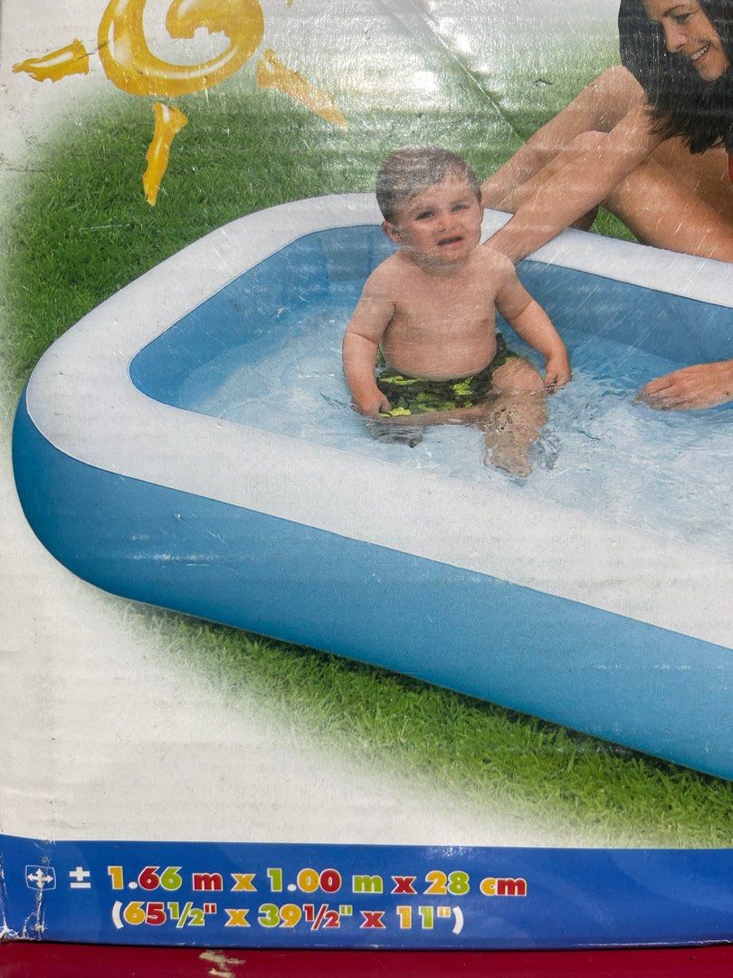 Intex Rectangular Inflatable Pool (Category: Infant Playtime) located in Bacoor. Submitted by japanbeibishop (Listing ID 1395780670, Image 1). Description: - Intex Rectangular Inflatable Pool - Dimensions: 1.66m x 1.00m x 28cm (65 1/2" x 39 1/2" x 11") - Ideal for kids - Easy to set up - Easy to store - Great for summer fun!.