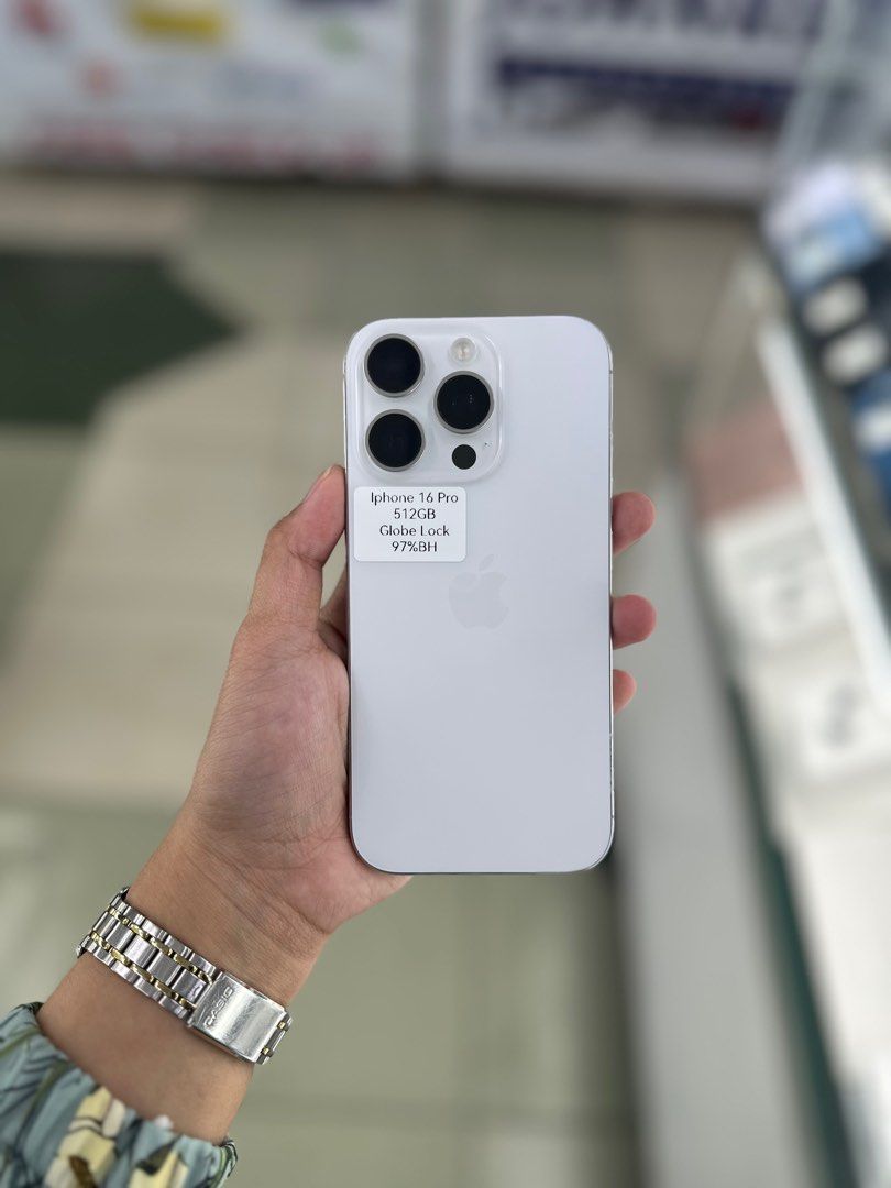 iphone 16 Pro 512gb 97%bh Globelock (Category: iPhone 16 Series) located in San Juan City. Submitted by aynaagadgets (Listing ID 1395779159, Image 1). Description: OCTOBER 2025 STALL #: XB-07 FOR SALE | TRADE / SWAP PASS SA MGA SCAMMERS / THIRD PARTY (RFS: Buy and Sell) IPHONE 16 PRO 512GB GLOBELOCK ⬇️DETAILS⬇️ •512 GB (Other storage is also available) •Globelock (Other Variant is still available but may vary) •White (Other color is also availabl