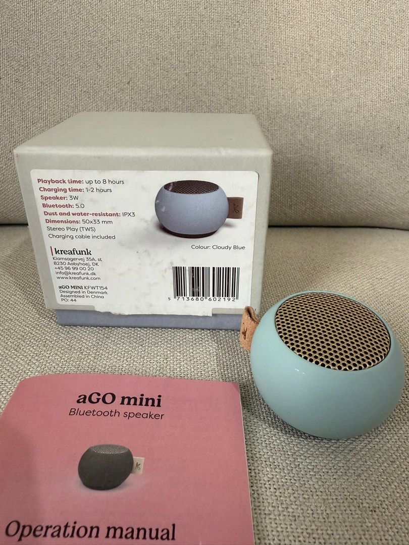 KreaFunk aGo Travel size Mini Bluetooth Speaker - Cloudy Blue (Category: Soundbars, Speakers & Amplifiers) located in Quezon City. Submitted by stylesaverph (Listing ID 1395843947, Image 2). Description: KreaFunk aGo Mini Bluetooth speaker in Cloudy Blue. Features up to 8 hours of playback time and a charging time of 1-2 hours. It has a 3W speaker and Bluetooth 5.0. The speaker is dust and water-resistant (IPX3) and includes a charging cable. Dim