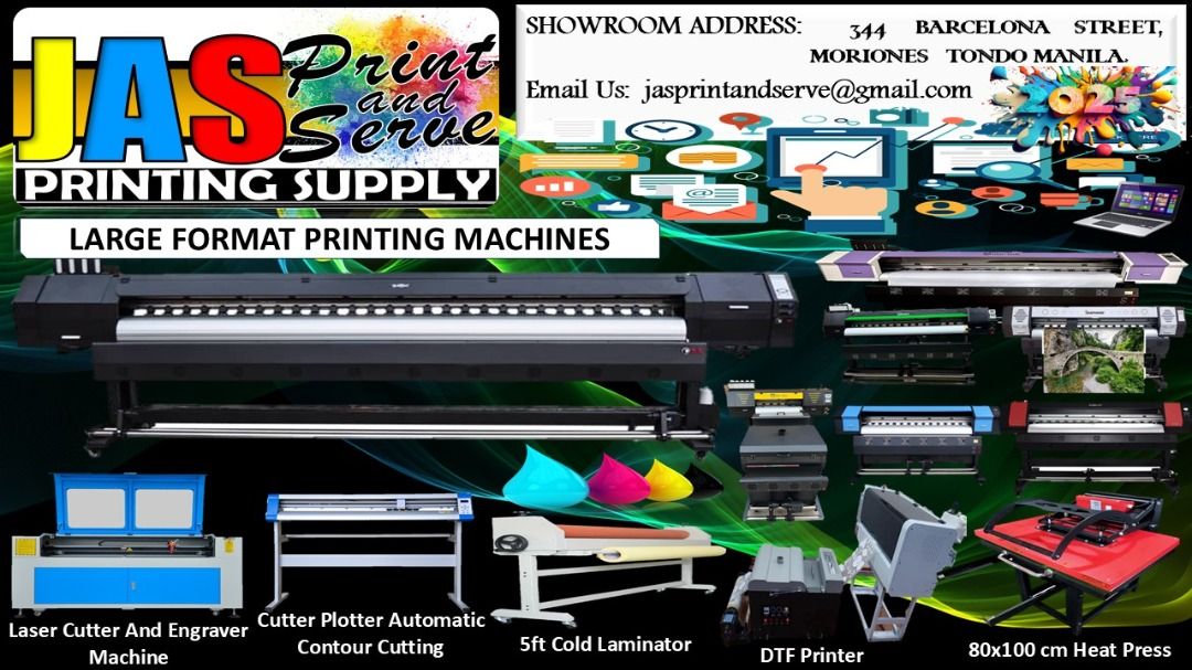 Large Format Printing Machines (Category: Printers, Scanners & Copiers) located in Quezon City. Submitted by joemhelbarros272612 (Listing ID 1395779180, Image 1). Description: - Wide selection of large format printing machines. - Includes laser cutters, cutter plotters, cold laminators, DTF printers, and heat presses. - Showroom located at 344 Barcelona Street, Moriones Tondo Manila. Contact us: 09509914711/09555401278.