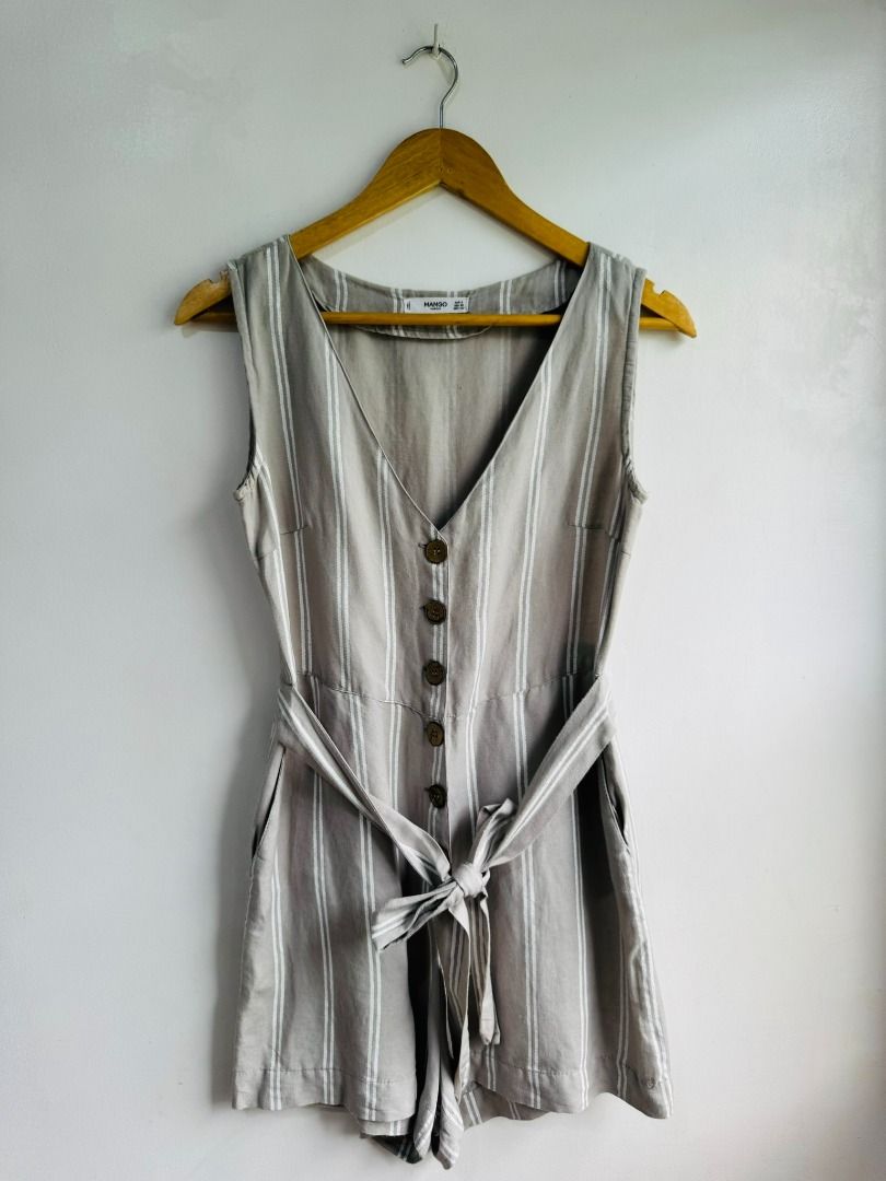 Mango Striped Linen Belted Jumpsuit (Category: Rompers) located in Dasmarinas. Submitted by thrifteefinds (Listing ID 1395882370, Image 1). Description: Mango Striped Belted Jumpsuit Size Small 16.5 Bust Size 28 Waistline 30 Length Excellent condition Mine 680.