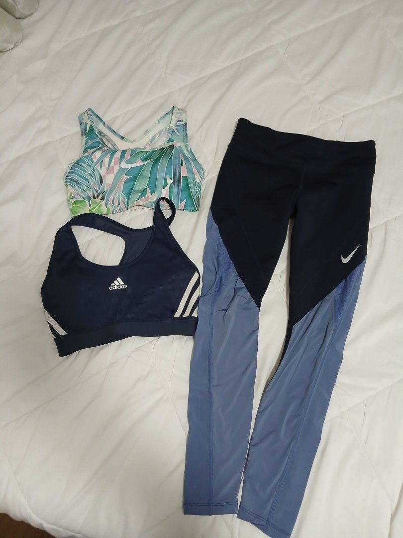 Nike/ Adidas active wear bundle (Category: Activewear) located in Makati City. Submitted by abbydeclutters (Listing ID 1395897509, Image 1). Description: take all for 750 - Nike Dri-FIT running leggings (size M), with zippered pocket - Adidas sports bra in M (but runs small) - Nike floral sports bra (fits small).