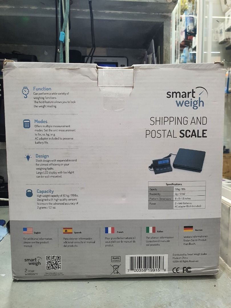 SMART WEIGH DIGITAL SCALE (Category: Health Monitors & Weighing Scales) located in Paranaque City. Submitted by urbangiz_amb (Listing ID 1395814345, Image 3). Description: Product details Brand : Smart Weigh Color : black Special Featur : Backlit Display, Smart Display Type : LCD Weight Limit : 110 Pounds Product Dimensions ‏ : ‎ 8 x 8 x 1.8 inches; 3.9 Pounds Item model number ‏ : ‎ ACE110 Batteries ‏ : ‎ 2 AAA batteries required. Manufacturer ‏