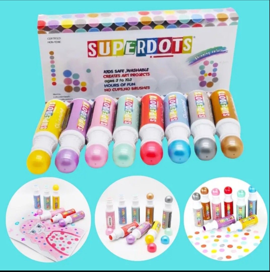 Superdots Washable Dot Markers (Category: Craft Supplies & Tools) located in Cainta. Submitted by superb1234 (Listing ID 1395838159, Image 1). Description: - Superdots dot markers for kids' art projects. - Washable and safe for ages 3-7. - Creates colorful dot art. - Includes shimmering colors. - No cups or brushes required. - Ideal for doodle drawing and crafting..