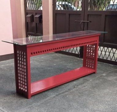 Used 7ft Long Wooden Console Table (Category: TV Consoles) located in Paranaque City. Submitted by turnintocash (Listing ID 1395920066, Image 3). Description: very good conditiom no chips no cracks on thick glass top length 7ft or 84 inches height 34.25 inches width 20 inches location - Paranaque payment- BPI or Gcash.