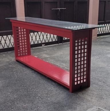 Used 7ft Long Wooden Console Table (Category: TV Consoles) located in Paranaque City. Submitted by turnintocash (Listing ID 1395920066, Image 2). Description: very good conditiom no chips no cracks on thick glass top length 7ft or 84 inches height 34.25 inches width 20 inches location - Paranaque payment- BPI or Gcash.