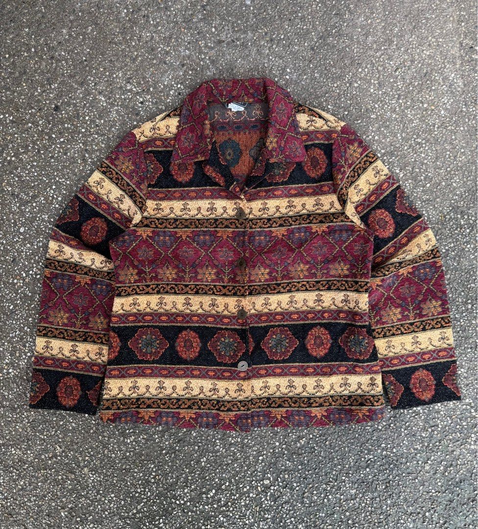 Vintage Carol Anderson Tapestry Jacket (Category: Coats, Jackets and Outerwear) located in Quezon City. Submitted by though.bare (Listing ID 1395806303, Image 1). Description: Fits on M-L for Men In good condition, no major issues. Width : 22" Length : 25" Sleeve : 23.5" Shoulder : 17" Listings not marked sold/reserved are available for purchase Feel free to send me a DM for inquiries! Payment thru GCash/Maya only These are preloved/used items, m