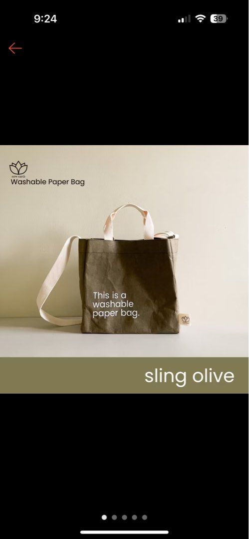 Washable Paper Bag - Sling Olive (Category: Cross-body Bags) located in Manila. Submitted by jing3021 (Listing ID 1395870167, Image 1). Description: Made of natural fiber, chemical free Washing machine washable Carries up to 4kg weight Comes with 2 handles 100% reusable tote Paper-like texture.