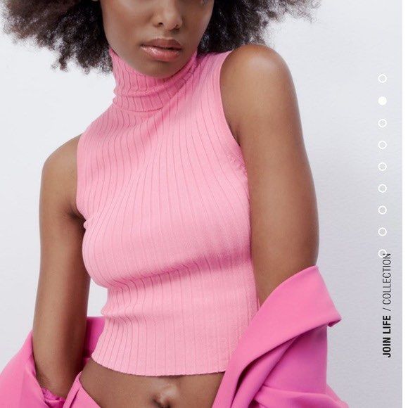 Zara Sleeveless Turtleneck Top PINK (Category: Sleeveless) located in Antipolo. Submitted by articlesbyeve (Listing ID 1395804139, Image 2). Description: - Zara pink sleeveless turtleneck top - Size S - Ribbed knit design - High neckline - Fitted silhouette - Made in Bangladesh - Perfect for layering.