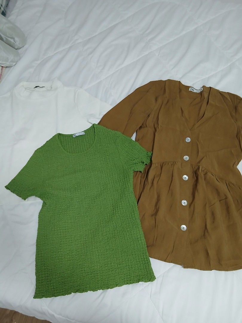 Zara top bundle (Category: Blouses) located in Makati City. Submitted by abbydeclutters (Listing ID 1395898545, Image 1). Description: take all zara tops for 700 - green - bought this year, just used once. medium tag - long sleeve mustard button down- oversized, fits medium free: old white zara top in L (heavily used, with stains but not so noticeable when worn).