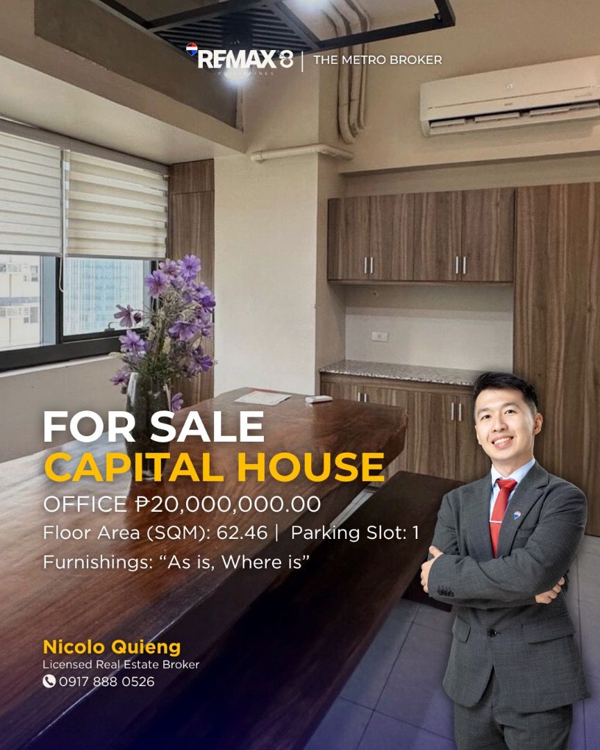 FOR SALE CAPITAL HOUSE OFFICE (Category: Commercial) located in Manila. Submitted by nicoloquieng (Listing ID 1397437408, Image 1). Description: Code: 8S_0900 Project/Subdivision: Capital House City: Taguig Tower/Phase: Floor/Street: 12 Lot Area (SQM): .00 Floor Area/Unit Area (SQM): 62.46 Bedrooms: 0 Toilet and Bath: 0 Parking Slot/Car Garage: 1 Furnishings: As-Is, Where-Is Selling Price: ₱ 20,000,000.00 Gross (Inclusive of VAT, CWT, Broker's Fe