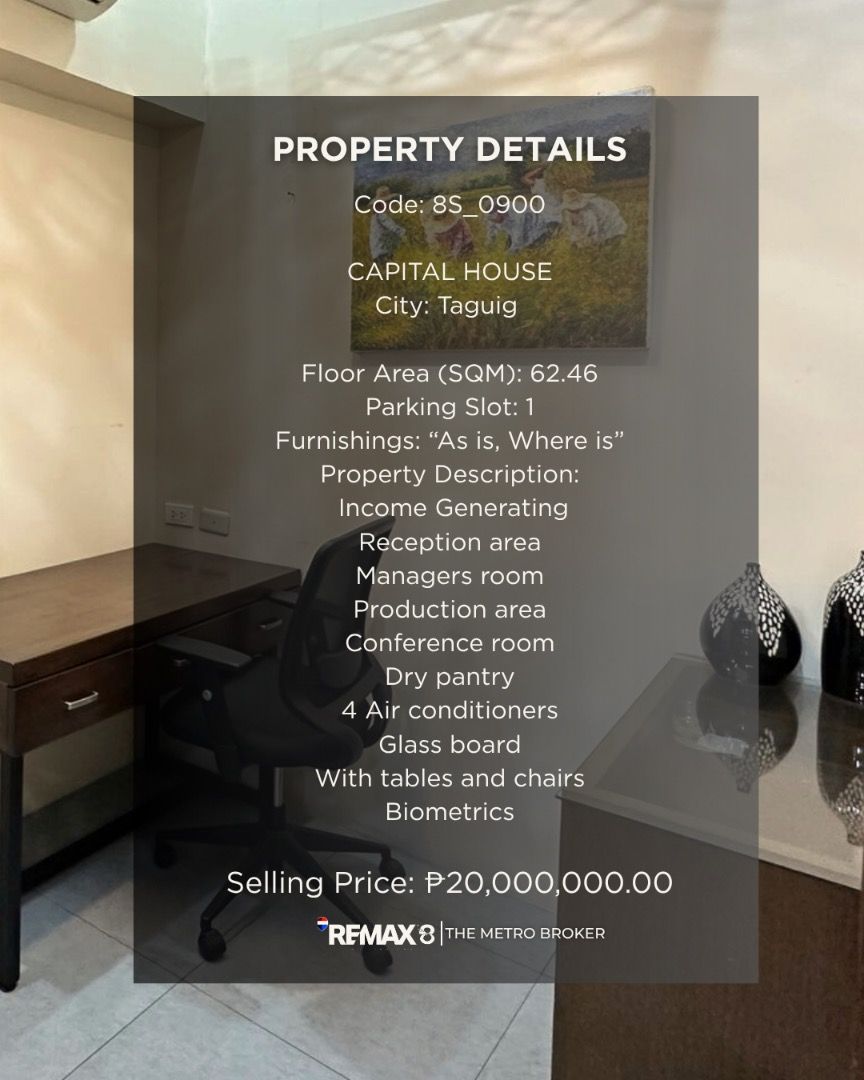 FOR SALE CAPITAL HOUSE OFFICE (Category: Commercial) located in Manila. Submitted by nicoloquieng (Listing ID 1397437408, Image 2). Description: Code: 8S_0900 Project/Subdivision: Capital House City: Taguig Tower/Phase: Floor/Street: 12 Lot Area (SQM): .00 Floor Area/Unit Area (SQM): 62.46 Bedrooms: 0 Toilet and Bath: 0 Parking Slot/Car Garage: 1 Furnishings: As-Is, Where-Is Selling Price: ₱ 20,000,000.00 Gross (Inclusive of VAT, CWT, Broker's Fe