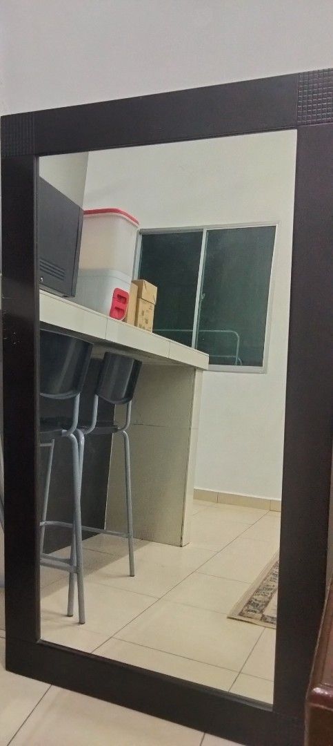 Large Rectangular Mirror with Dark Frame (Category: Mirrors) located in Jasin. Submitted by kaze_bundle (Listing ID 1397554779, Image 2). Description: - Large rectangular mirror - Dark brown frame with textured design - Suitable for wall mounting - Ideal for living rooms, bedrooms, or hallways -negotiatable.
