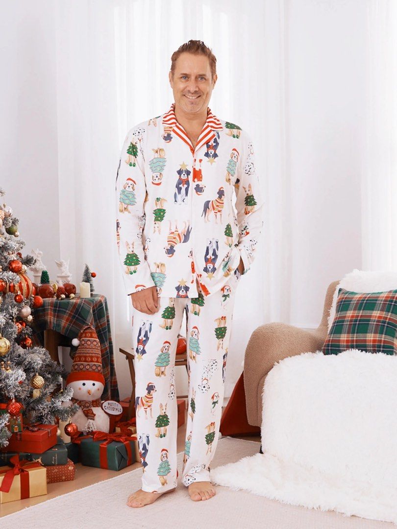MEN | DOG PRINT PJ (Category: Sets & Coordinates) located in Iloilo. Submitted by littlekiarra.iloph (Listing ID 1396091124, Image 2). Description: - Holiday-themed pajama set - Features a festive dog print - Includes a long-sleeved top with a collared neckline - Comes with matching pants - Red and white striped trim on collar and cuffs - Perfect for family photos or cozy nights.