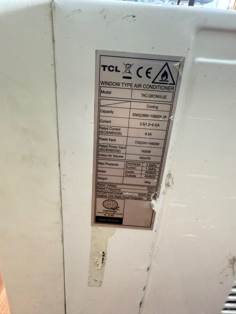 TCL Window Type Air Conditioner TAC-09CW/WUJE (Category: Air Conditioning and Heating) located in Quezon City. Submitted by silentforest.ff2022 (Listing ID 1397500754, Image 1). Description: - TCL Window Type Air Conditioner - Model: TAC-09CW/WUJE - Cooling Capacity: 9360 BTU - Rated Voltage: 230V - Refrigerant: R32 - Weight: 30kg - Rated Current: 6.5A - Power Input: 733-1450W - Indoor Air Volume: 400m/h.