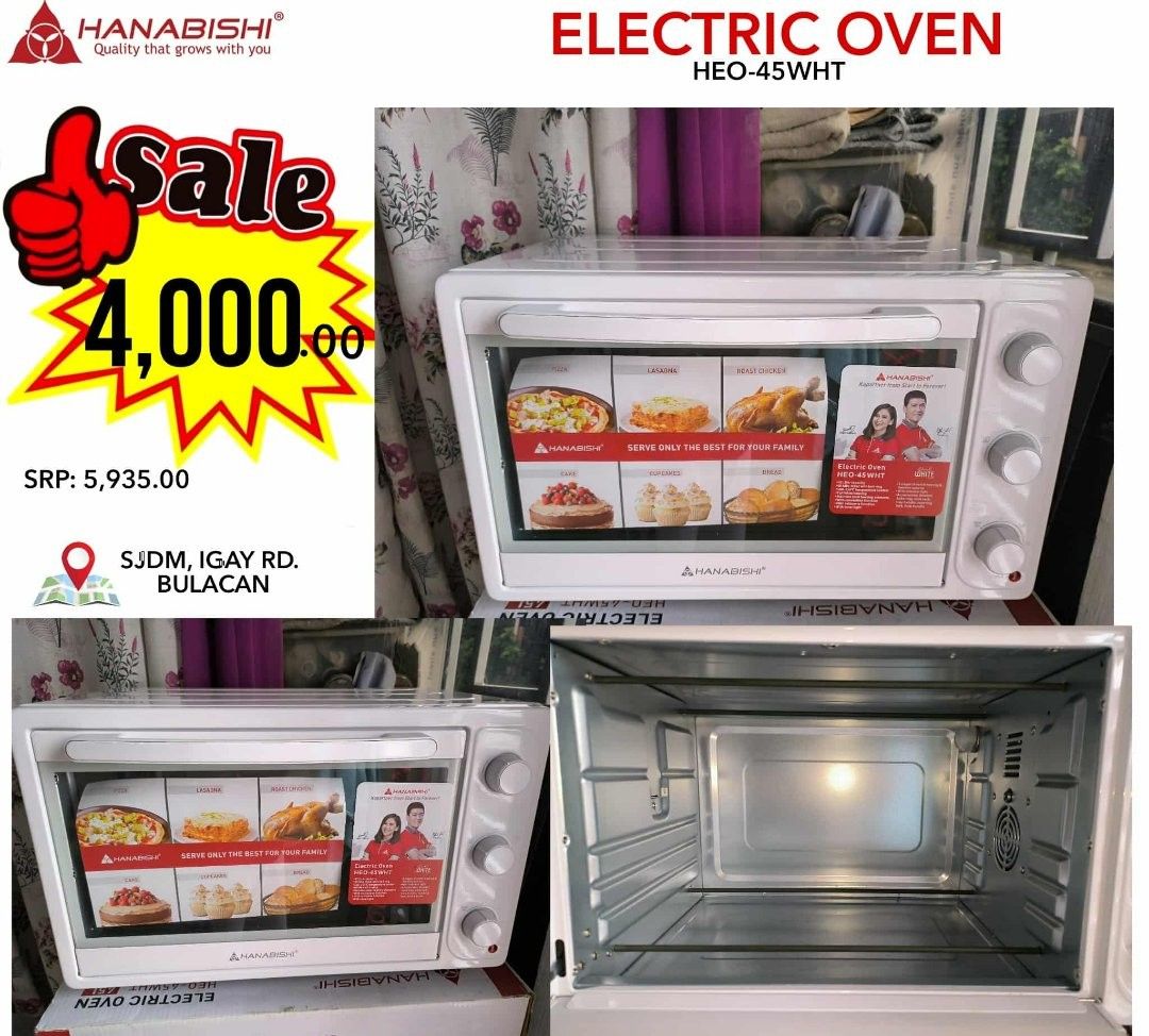 45L ELECTRIC OVEN HANABISHI (Category: Ovens & Toasters) located in Caloocan City. Submitted by rmd1992 (Listing ID 1397702254, Image 1). Description: 45-liter capacity 60 min. timer with bell ring Thermostat control up to 250°C Stainless steel heating elements Convection function Rotisserie function Inner light Indicator lamp 5 Stages of heating & function selector Full white housing Accessories: bake tray, baking rack/rack handle, rotisserie st