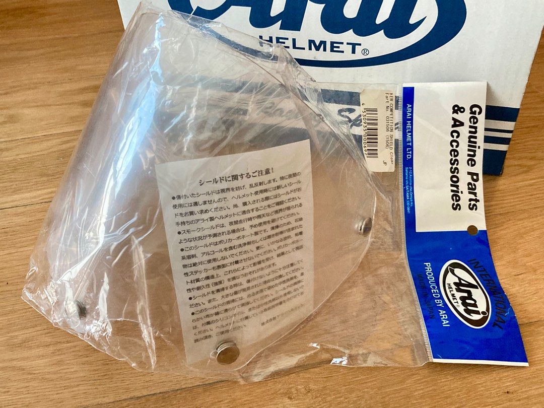 Arai Helmet Visor - Clear (Category: Motorcycle Accessories) located in Singapore. Submitted by ekol (Listing ID 1397671827, Image 1). Description: - Genuine Arai 5-button shield - Clear for optimal visibility - Brand new, unopened - Comes with original packaging - Includes all paperwork - Great as a replacement or spare visor .