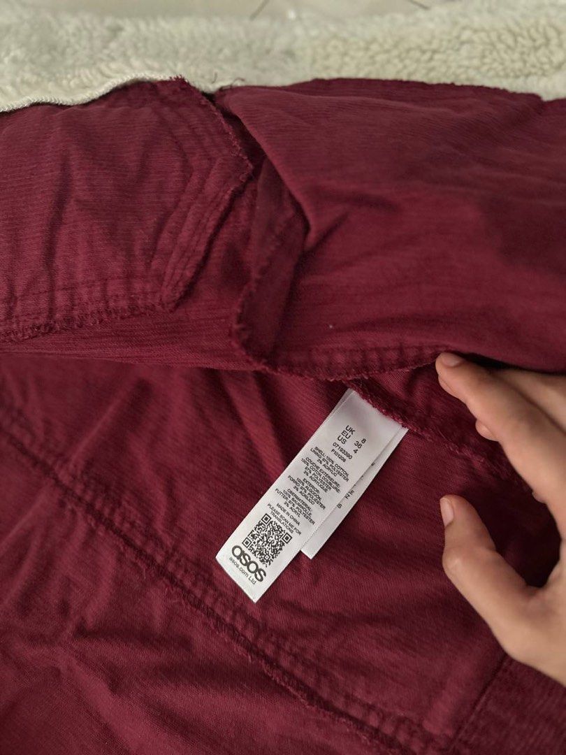 ASOS Denim Corduroy Jacket UK 8 (Category: Coats, Jackets and Outerwear) located in Quezon City. Submitted by thirdy1 (Listing ID 1397606888, Image 2). Description: - ASOS denim corduroy jacket - Features a cozy borg collar - Button-up front - Two chest pockets and two side pockets - Deep red color - Size: UK 8 - Made in China.