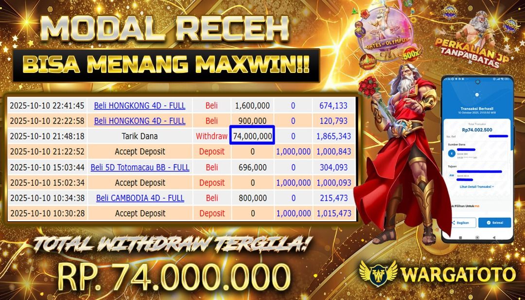 BUKTI JACKPOT WARGATOTO 10 OKTOBER 2025 (Category: Desktops) located in Jakarta Barat. Submitted by wargatoto_official (Listing ID 1397648627, Image 1). Description: 🎯 Bukti Kemenangan Terbaru di WARGATOTO! 🎯 Hari ini suasana makin ramai karena salah satu member setia dengan ID : k**s*n berhasil membawa pulang Rp74.000.000 dari game 15000x Mania Pragmatic 💥 Main santai, modal terukur, tapi hasilnya benar-benar spektakuler! Game satu ini memang