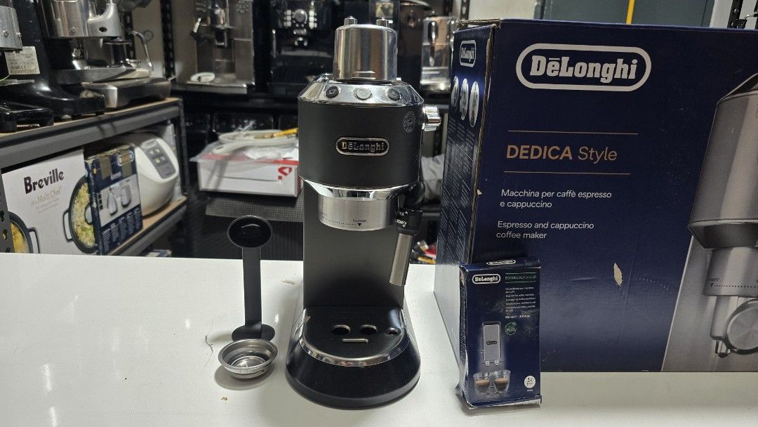 Delonghi Dedica Espresso Machine (Category: Coffee Machines & Makers) located in Rizal. Submitted by potato_corner (Listing ID 1397664023, Image 2). Description: Delonghi Dedica Espresso Machine Australia mall pull out Used as display unit No issue 220V Inclusion Box 2 Filter cup Portafilter Spoon and tamper 10k.