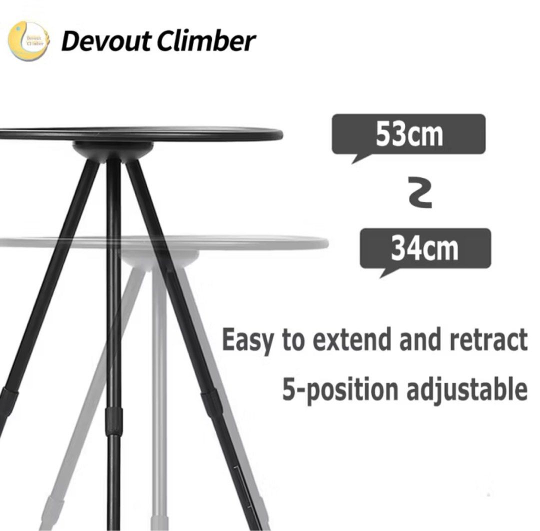 Devout Climber Adjustable Side Table (Category: Tables & Sets) located in Kuala Lumpur. Submitted by zaymrdn (Listing ID 1397685611, Image 2). Description: - Devout Climber Adjustable Side Table - Indoor/Outdoor Use - 38cm Tabletop - Adjustable Height: 34cm - 53cm - Material: ABS (tabletop), Iron Pipe (stand) - Load Capacity: Up to 5kg - Weight: 0.8kg - Easy to Extend/Retract (5-position adjustability) - Features: Antiskid foot cover, thickened d