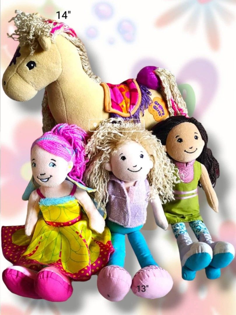 Groovy Girls plush assortment (Category: Plushies & Soft Toys) located in Taguig. Submitted by adopt.my.plush.ph (Listing ID 1397775349, Image 1). Description: Groovy Girls plush dolls, horse & bed Manhattan Toy 13" plush dolls - 180.00 each 14" horse - 250.00 poseable 7"x13" bed - 200.00 retro-styled, "groovy" clothing.