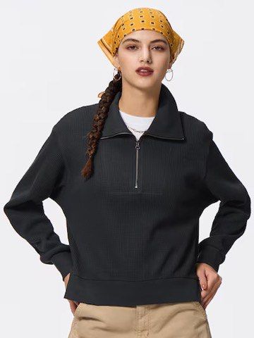 GU WAFFLE ZIP PULL OVER (Category: Longsleeves) located in Antipolo. Submitted by _secondchances (Listing ID 1397713116, Image 1). Description: - Black zip-up sweatshirt - Textured fabric - Long sleeves - Ribbed hem and cuffs - Chest pocket - Relaxed fit - Perfect for casual wear.