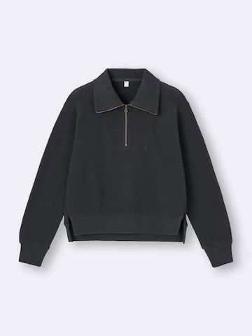 GU WAFFLE ZIP PULL OVER (Category: Longsleeves) located in Antipolo. Submitted by _secondchances (Listing ID 1397713116, Image 2). Description: - Black zip-up sweatshirt - Textured fabric - Long sleeves - Ribbed hem and cuffs - Chest pocket - Relaxed fit - Perfect for casual wear.