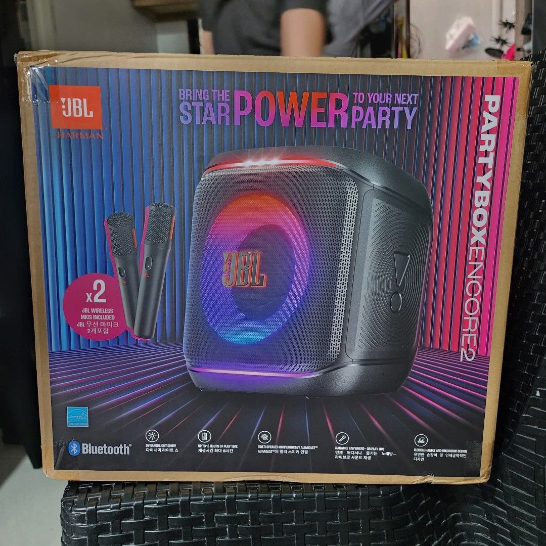JBL PartyBox Encore 2 with Mic (Category: Soundbars, Speakers & Amplifiers) located in Caloocan City. Submitted by rarefindsthriftstore (Listing ID 1397621185, Image 1). Description: - JBL PartyBox Encore 2 - Portable party speaker - Includes two wireless microphones - Built-in lights - Bluetooth connectivity - Designed for parties - JBL and Harman branding - Sound boost speaker.