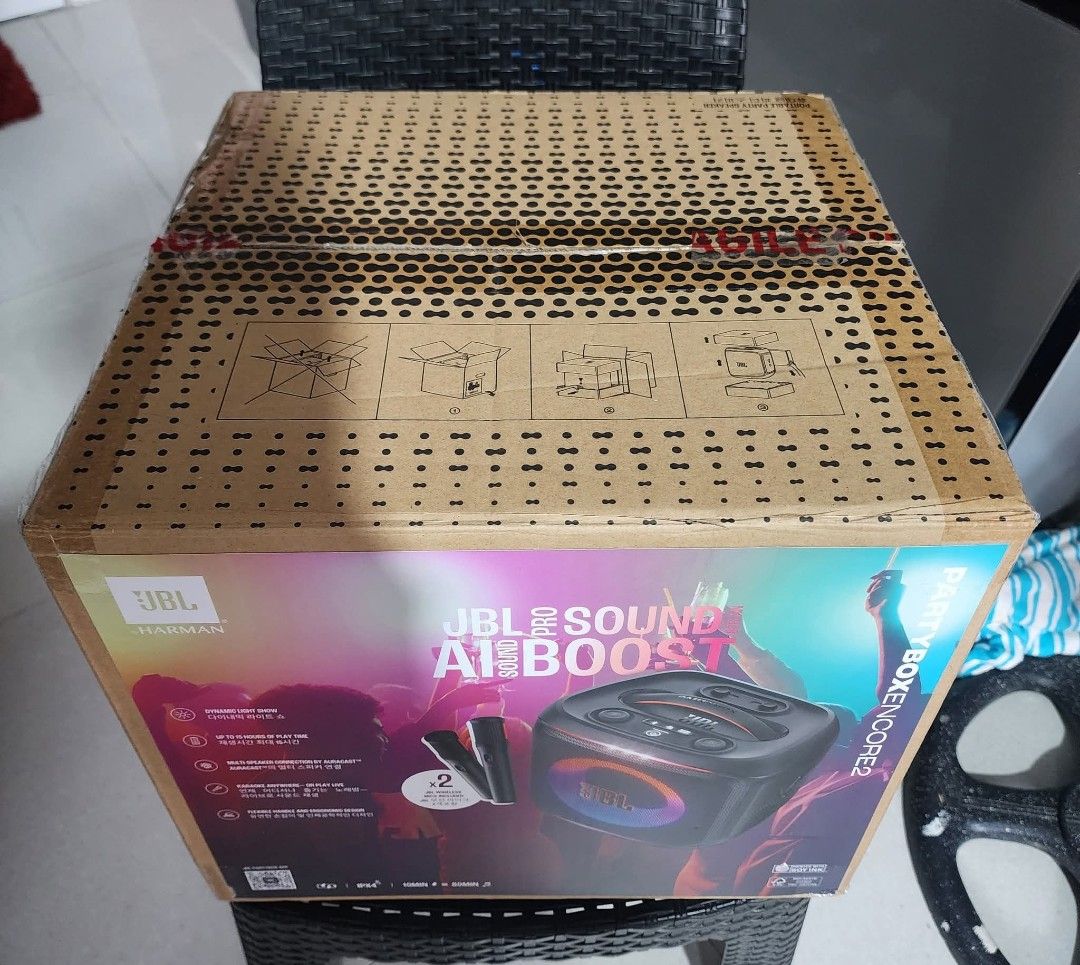 JBL PartyBox Encore 2 with Mic (Category: Soundbars, Speakers & Amplifiers) located in Caloocan City. Submitted by rarefindsthriftstore (Listing ID 1397621185, Image 2). Description: - JBL PartyBox Encore 2 - Portable party speaker - Includes two wireless microphones - Built-in lights - Bluetooth connectivity - Designed for parties - JBL and Harman branding - Sound boost speaker.
