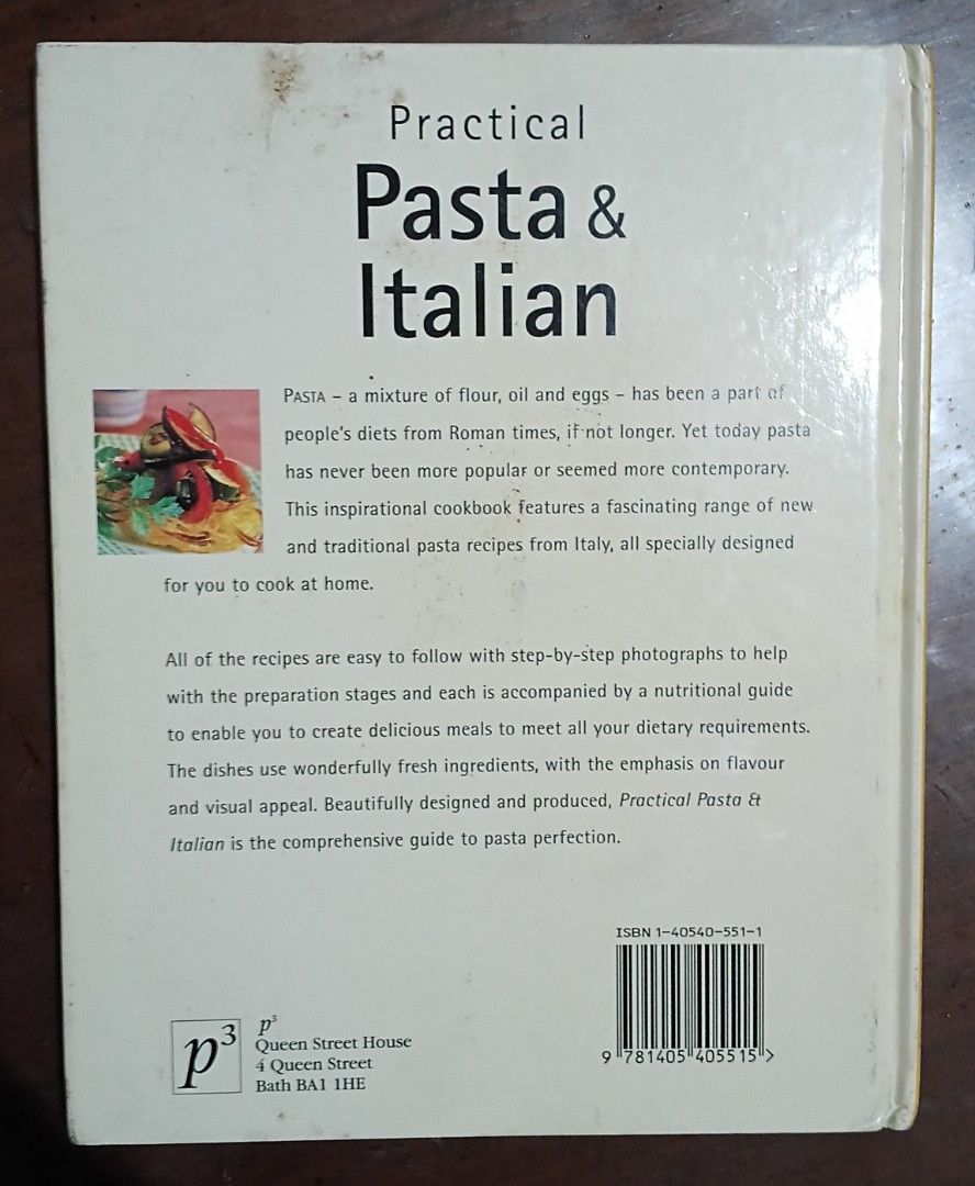 Practical Pasta & Italian Cookbook (Category: Textbooks) located in Manila. Submitted by thecollectibleshop (Listing ID 1397620372, Image 2). Description: - Pasta and Italian recipe cookbook. - Includes recipes like Garlic Mushroom Pizza, Pasta Omelette, Linguine with Sardines, and Italian Fish Stew. - Features step-by-step instructions. - Provides nutritional guides for each recipe. Hardbound book In good condition.