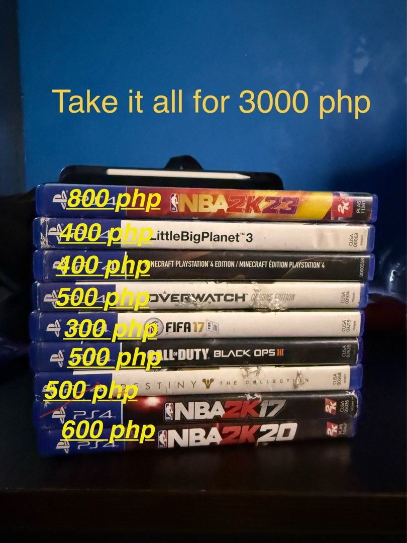 PS4 Games Bundle (Category: PlayStation) located in Trece Martires City. Submitted by yannyseth (Listing ID 1397739962, Image 2). Description: - PS4 Games Bundle - Includes: NBA 2K23, LittleBigPlanet 3, Minecraft, Overwatch, FIFA 17, Call of Duty Black Ops III, Destiny, NBA 2K17, NBA 2K20 - All games in original cases - Bundle Price: 3000 PHP - Individual prices available in the image. Location: Trece Cavite .