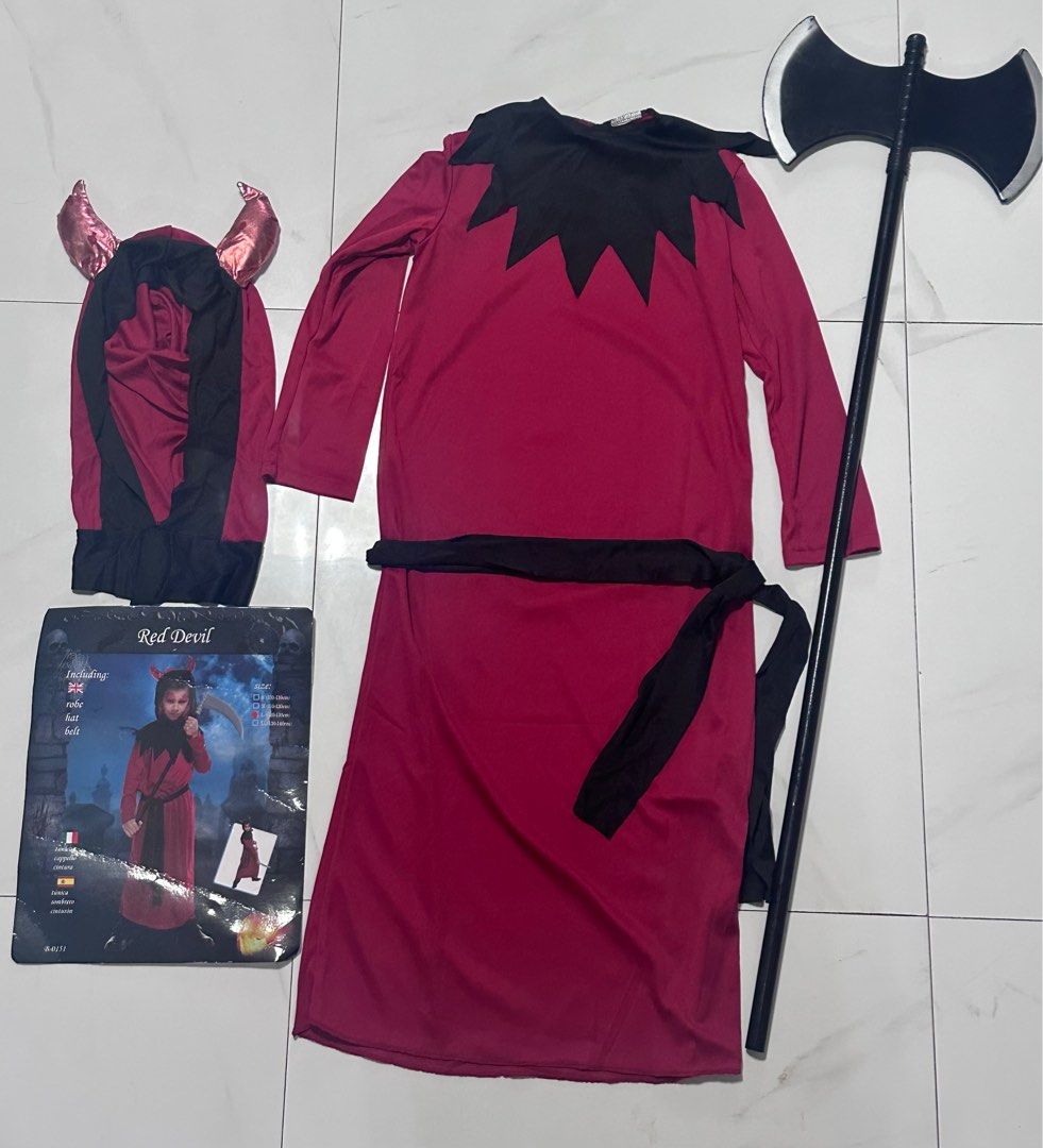 Red Devil Costume with Axe (Category: Babies & Kids Fashion) located in Manila. Submitted by chamwel (Listing ID 1397735747, Image 1). Description: - Complete Red Devil Costume for kids - Includes: Robe, hood with horns, belt, and axe - Perfect for Halloween or costume parties - Child-sized.