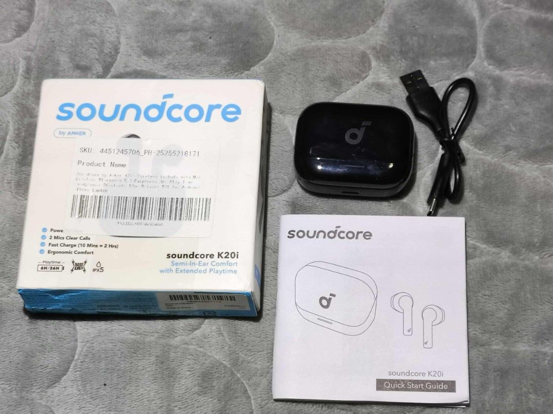 Soundcore by Anker K20i Bluetooth Earbuds (Category: Earphones) located in Marikina City. Submitted by jake.galang.evangelista (Listing ID 1397588548, Image 3). Description: Soundcore K20i by Anker Brand New! Opened to take photos only IPX5 Water Resistant Sticker seal on each earbuds still intact to cover charging pin contacts as this is still new Check video on comments section Selling for only 600 pesos Location: Lower Antipolo.