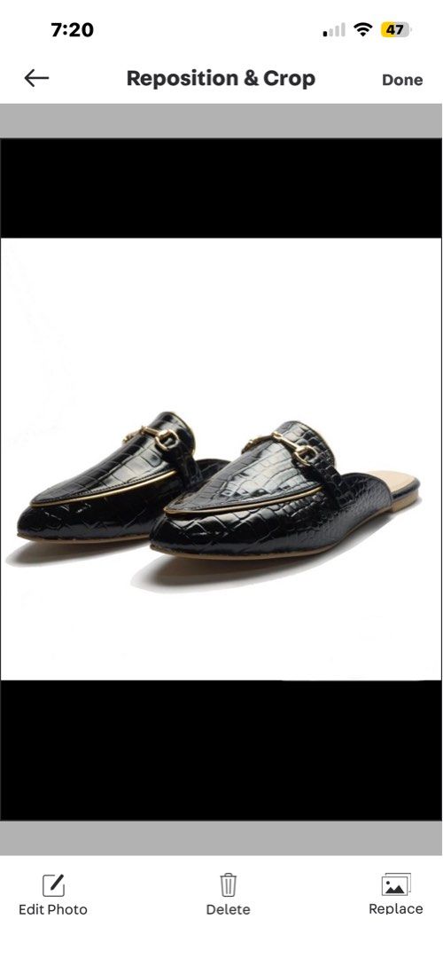Black Crocodile-Embossed Mules (Category: Flats & Sandals) located in Manila. Submitted by jcl2020 (Listing ID 1397896717, Image 1). Description: - Black crocodile-embossed mules - Gold-tone buckle - Pointed toe - Slip-on design - Light beige soles - Adds sophistication to any outfit.